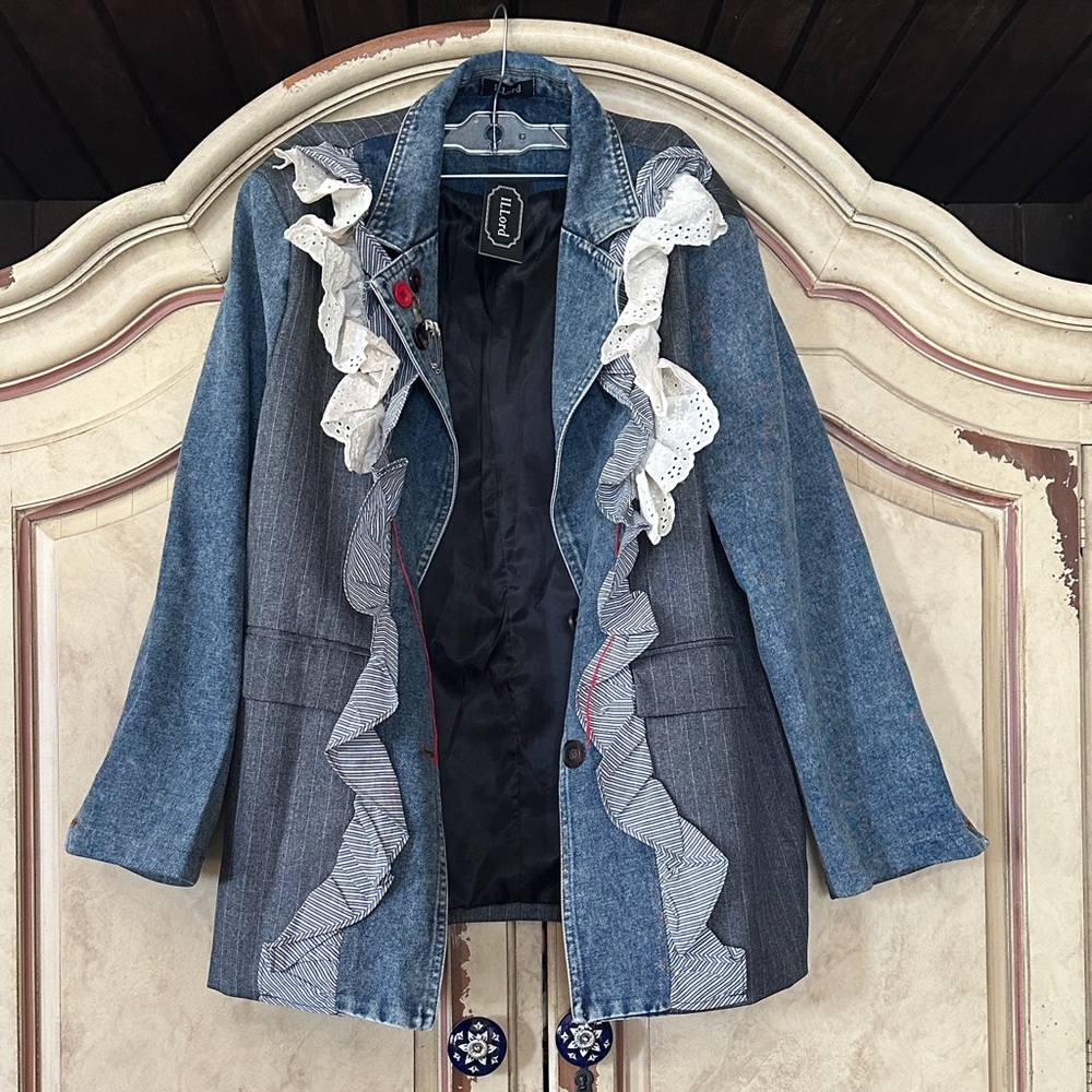 NWT ILLord Boutique Brand Denim and Gray Pinstriped Ruffle-Trim Jean Jacket